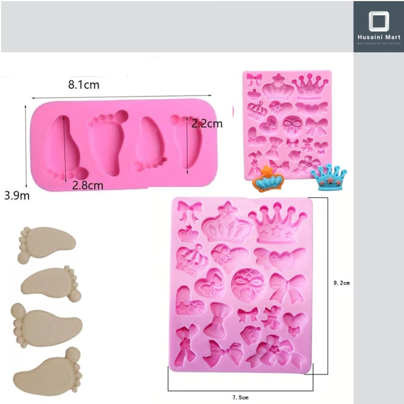 Husaini Mart HUSAINI MART Pack of 2 4 Cavity Baby FEET Mold 1 Crown Heart Silicone Mold Baby Shower Cake Topper DIY Decoration Birthday Party Tool for Sugarcraft Chocolate Candle Soap  - Image 2