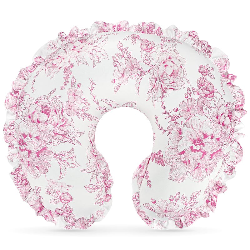 DILIMI Nursing Pillow Cover, Removable Ruffled Pillowcase for Breastfeeding Pillows, Ultra Soft Comfortable Slipcover for Baby Girl and Boy, Pink Floral - Image 1