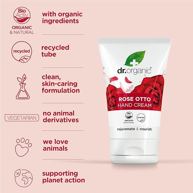 dr.organic Dr Organic Rose Otto Hand Nail Cream Moisturising Restoring Mens Womens Natural Vegetarian CrueltyFree Paraben SLSFree Recycled Recyclable Organic 125ml Packaging may vary - Image 4