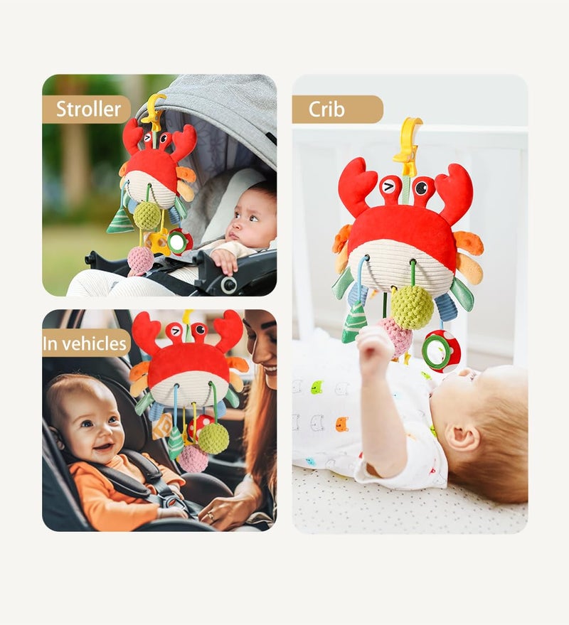 CORSTAE Car Seat Toys for Babies 0â€“12 Months â€“ Hanging Baby Activity Toy for Car Seat, Stroller, Crib & Gym â€“ Infant Plush Rattle with Mirror, Crinkle, Clip-On for Boys & Girls - Image 4