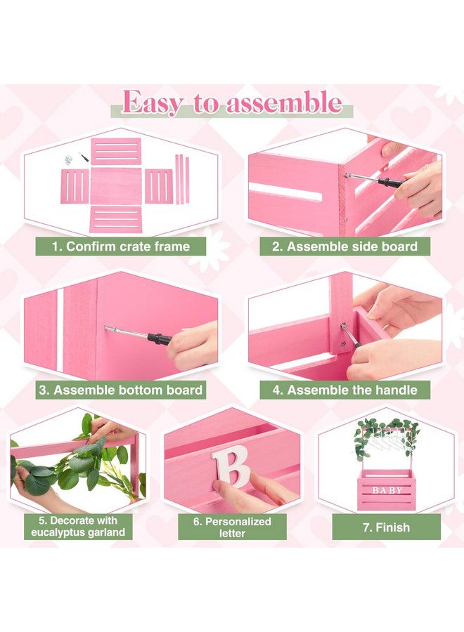 Barydat صندوق باري دات الخشبي الكبير لحفلات استقبال المواليد مع مقبض وزينة، سلة استقبال المواليد بطول 17.7 بوصة لهدايا المواليد الجدد (للإناث والذكور) (وردي) - Image 3