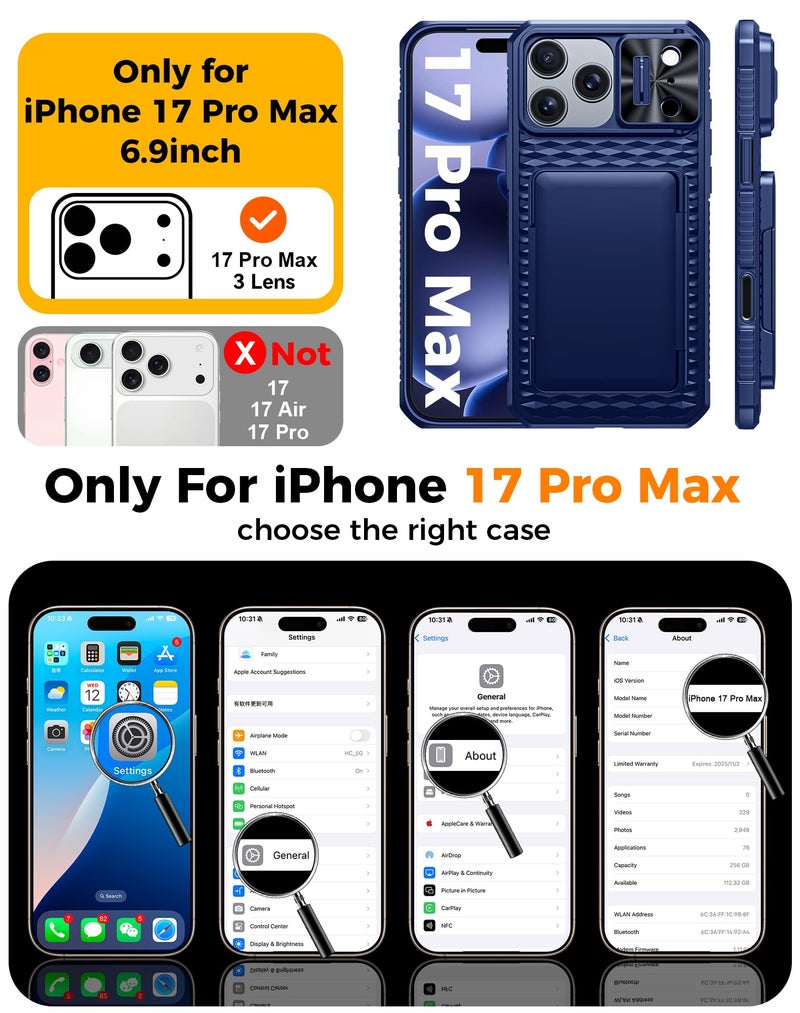 BSNRM for iPhone 17 Pro Max Case Wallet, Built-in RFID Blocking Card Holder (4-5 Cards), Camera Control Button, Slide Camera Cover, Shockproof Rugged Silicone Phone Case for iPhone 17 Pro Max, Blue - Image 2