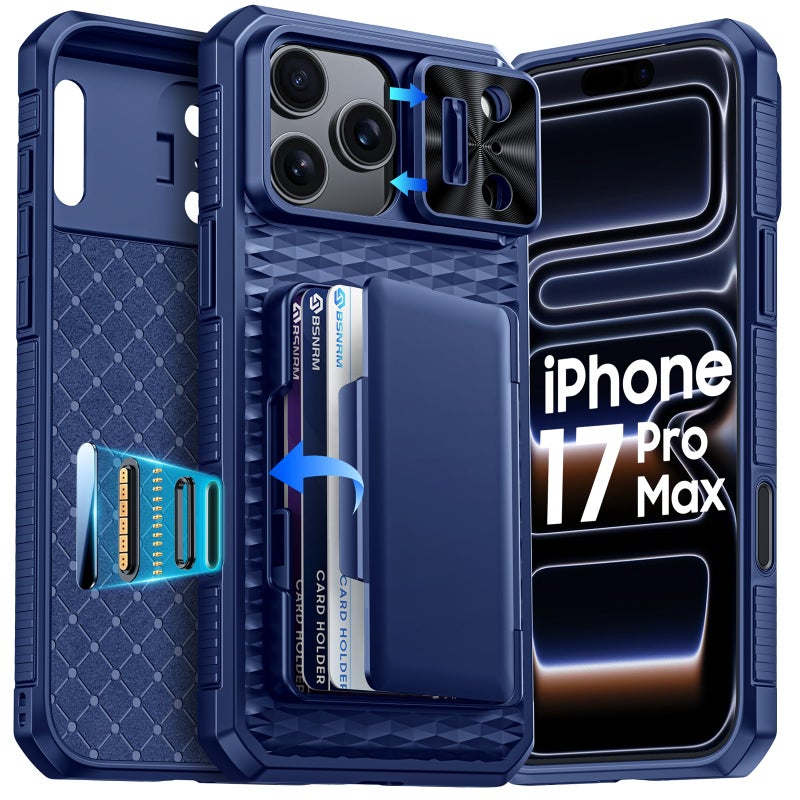 BSNRM for iPhone 17 Pro Max Case Wallet, Built-in RFID Blocking Card Holder (4-5 Cards), Camera Control Button, Slide Camera Cover, Shockproof Rugged Silicone Phone Case for iPhone 17 Pro Max, Blue - Image 1