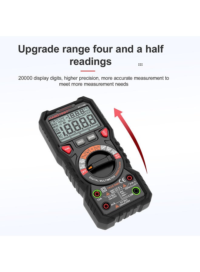 HT118E Digital Multimeter Auto Range Multi-meter 20,000 Counts True RMS Measuring AC/DC Voltage & Current Resistance Capacitance Frequency Temperature Continuity Duty MAX/MIN Mesaurement Live & NCV Test Diode with LCD Backlight Flashlight