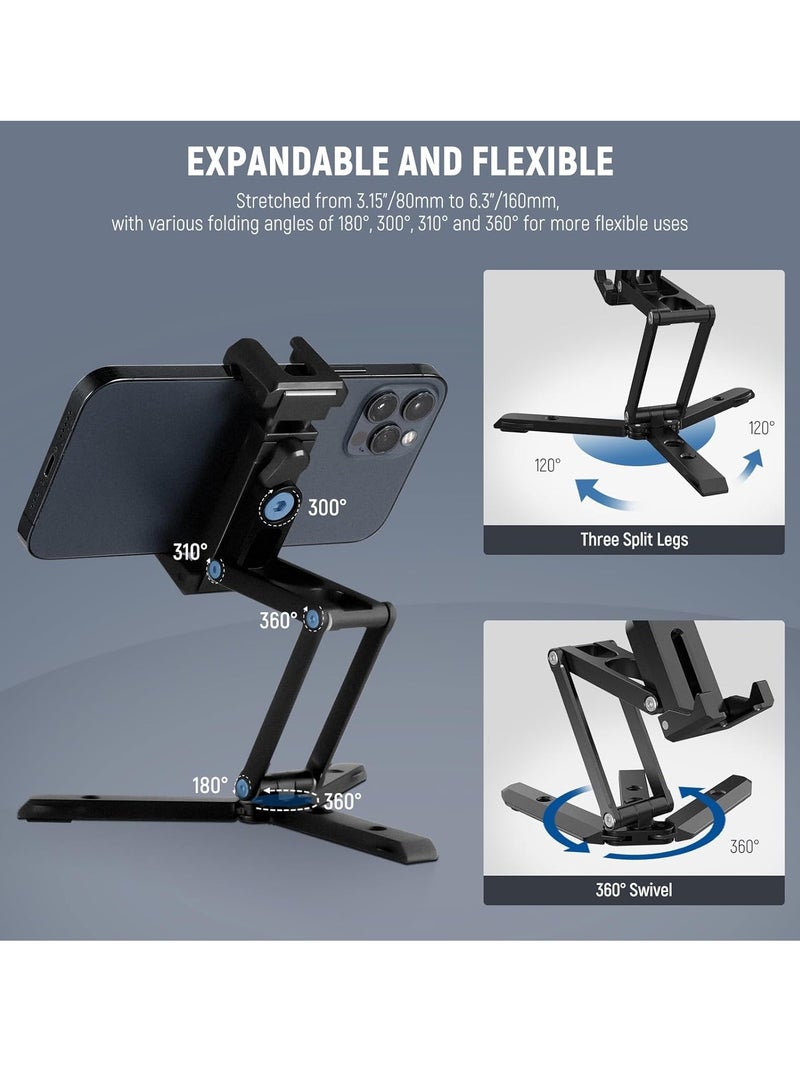 General Phone Tripod Mount with Cold Shoes, Metal Smartphone Tripod Adapter Compatible with iPhone, Multi Angle Tri Fold Cell Phone Holder Desktop Tripod, Handheld Phone Grip for Streaming Vlog SP-04  - Image 2