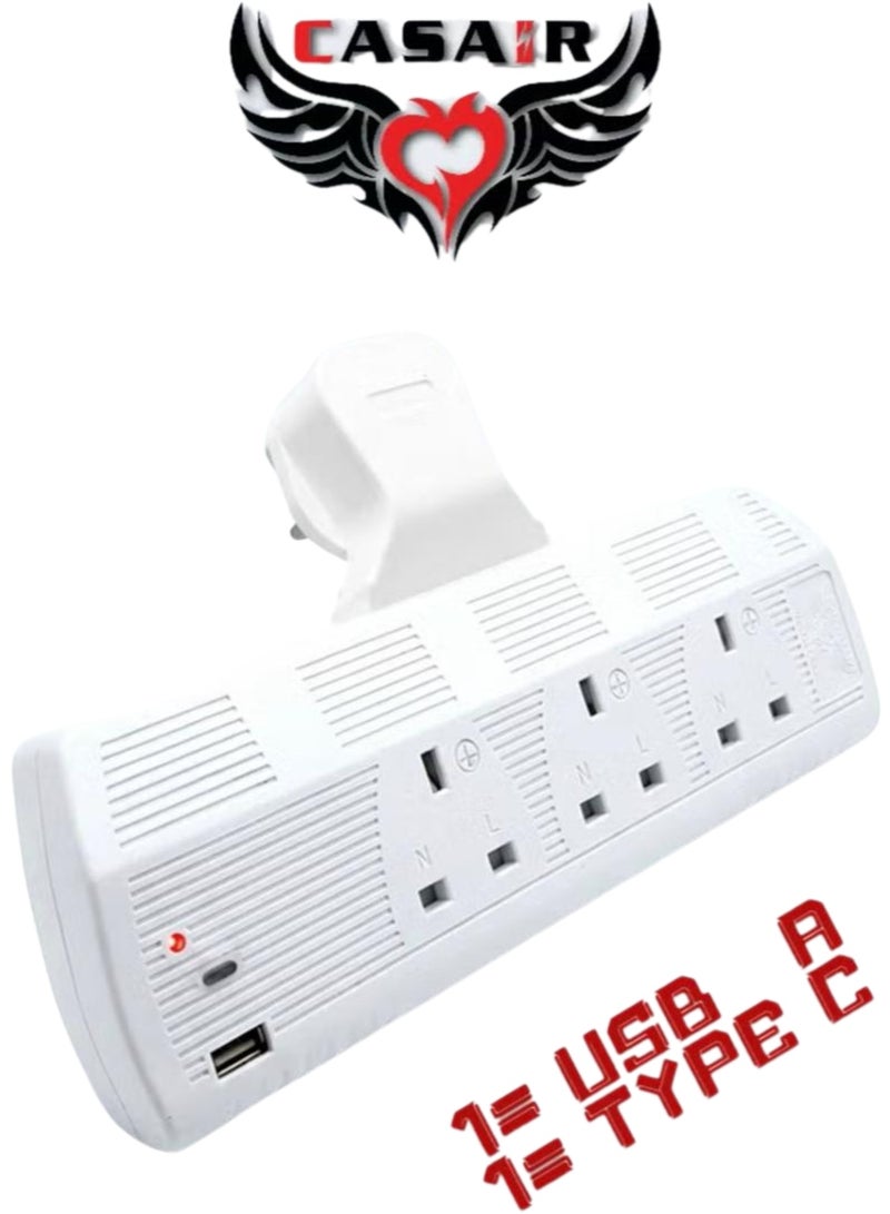 كاسير مقبس تمديد متعدد التوصيل 3 اتجاهات، موسع مخرج كهربائي 3 اتجاهات مع 1USB 1PD نوع C، شاحن حائط، محول قابس عالمي، محطة شحن للمنزل والمكتب والمطبخ، مقبس تمديد عالي التحمل 13 أمبير مع مصراع أمان ((3UK-1USB 1PD نوع C)) ((أبيض)) - Image 1