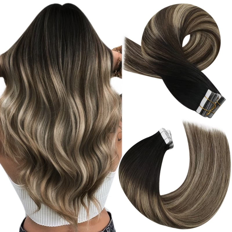 Moresoo Tape in Hair Extensions Human Hair Balayage Off Black to Brown Mix with Blonde Hair Extensions Tape in Real Human Hair Ombre Glue in Extensions Real Hair 20 Inch #1B/3/27 20pcs 50g - Image 1