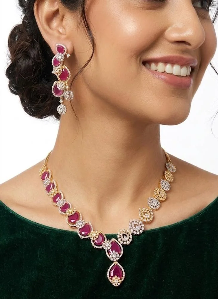 Viny red Elegant American Diamond & Ruby Red  Imitation Necklace Set for Women - Perfect for Parties, Weddings, & Festivals (Diwali, Eid) for Women | Best Price UAE