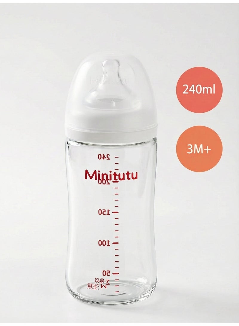 Minitutu Glass Baby Bottle Anti-Colic 240ml (8oz) - Wide Neck Feeding Bottle for 3 Months+, Breast-Like Nipple, BPA Free & Heat Resistant - Image 1