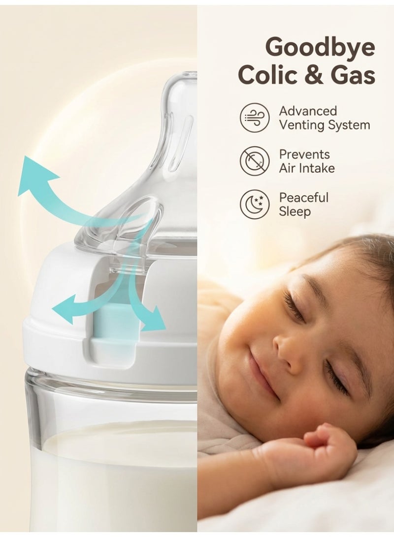 Minitutu Glass Baby Bottle Anti-Colic 240ml (8oz) - Wide Neck Feeding Bottle for 3 Months+, Breast-Like Nipple, BPA Free & Heat Resistant - Image 2