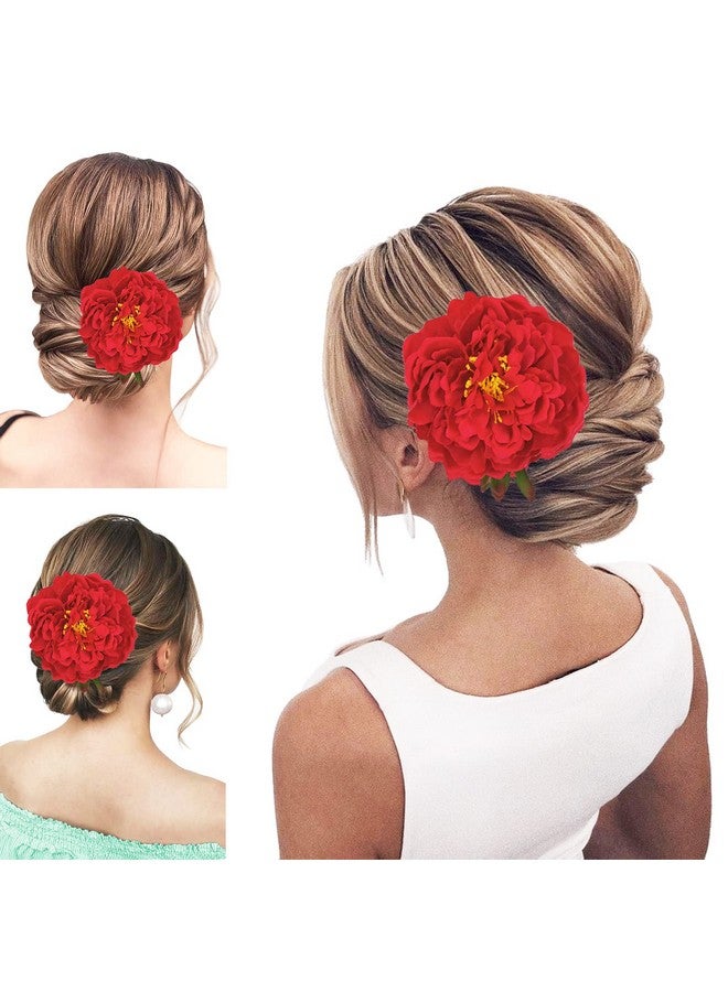 Kriccio Peony Flower Hair Clip Hanfu Hairpin Bridesmaid Pin Up Flower Brooch Party Wedding Decor (One Size Red) - Image 2