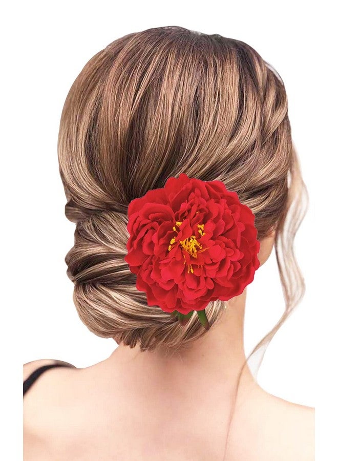 Kriccio Peony Flower Hair Clip Hanfu Hairpin Bridesmaid Pin Up Flower Brooch Party Wedding Decor (One Size Red) - Image 5