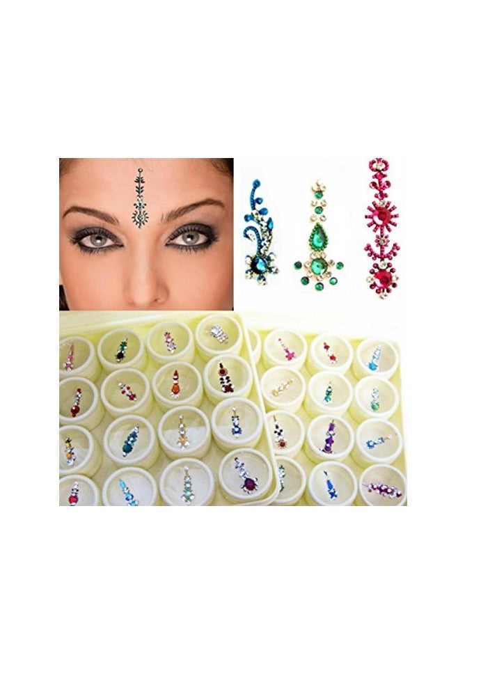 Bindi Box Long Multicolored Crystal Bindis - Bridal Forehead Tika temporary tattoo wedding face Jewels makeup (Pack of 20 Bindis)