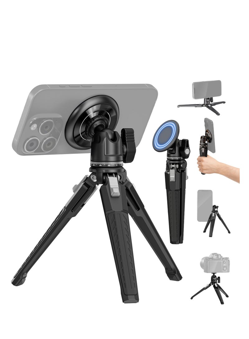 SYOSI Magnetic Phone Tripod Set, Single Hand Grip Selfie Stick Metal Tabletop Mini Tripod with 360° Ball Head, Compatible with MagSafe iPhone 15 Pro Max 14 13 12 Series, 1/4" Threads, PA010+TP29  - Image 1