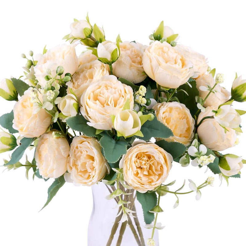 Floweroyal 4 Bunches Peony Artificial Flowers Champagne Flowers Silk Peonies Bouquets for Wedding Party Table Centerpieces Floral Arrangement Home Kitchen Decor