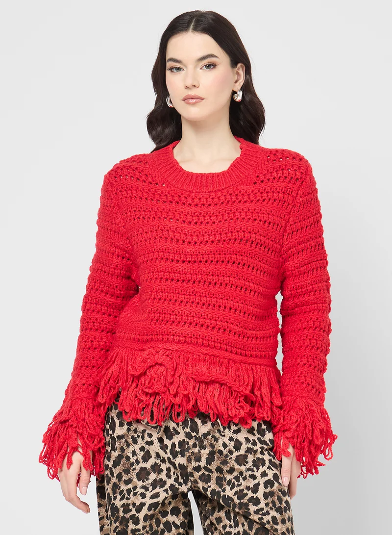 جينجر Knitted Sweater with Fringe Detail