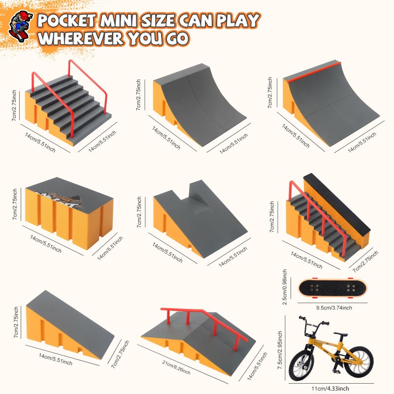 RNGODO Finger Skateboard Park Kits,14-in-1 Bigger Finger Skateboard Ramp Set with 14 Ramps,8 Fingerboards,1 Finger Bike, Skate Park Kit,Fingerboard Skatepark Half Pipe Toys Gifts for Ages 3+ - Image 3