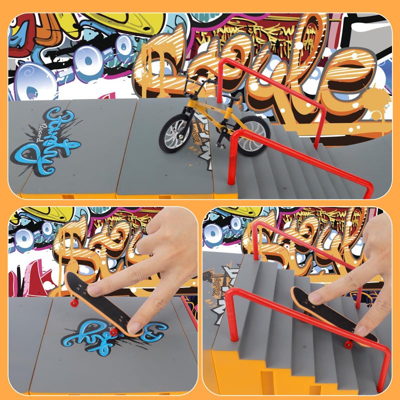 RNGODO Finger Skateboard Park Kits,14-in-1 Bigger Finger Skateboard Ramp Set with 14 Ramps,8 Fingerboards,1 Finger Bike, Skate Park Kit,Fingerboard Skatepark Half Pipe Toys Gifts for Ages 3+ - Image 4