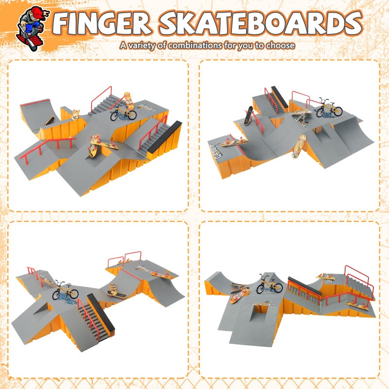 RNGODO Finger Skateboard Park Kits,14-in-1 Bigger Finger Skateboard Ramp Set with 14 Ramps,8 Fingerboards,1 Finger Bike, Skate Park Kit,Fingerboard Skatepark Half Pipe Toys Gifts for Ages 3+ - Image 2