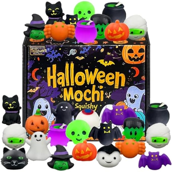 Cherislpy 24 Pcs Halloween Mochi Squishy Toys with Gift Box Mini Kawaii Mochi Squeeze Toy Stress Reliever Anxiety Packs for Kids Party Favors Halloween Miniatures Halloween Treat Bags Gifts - Image 1