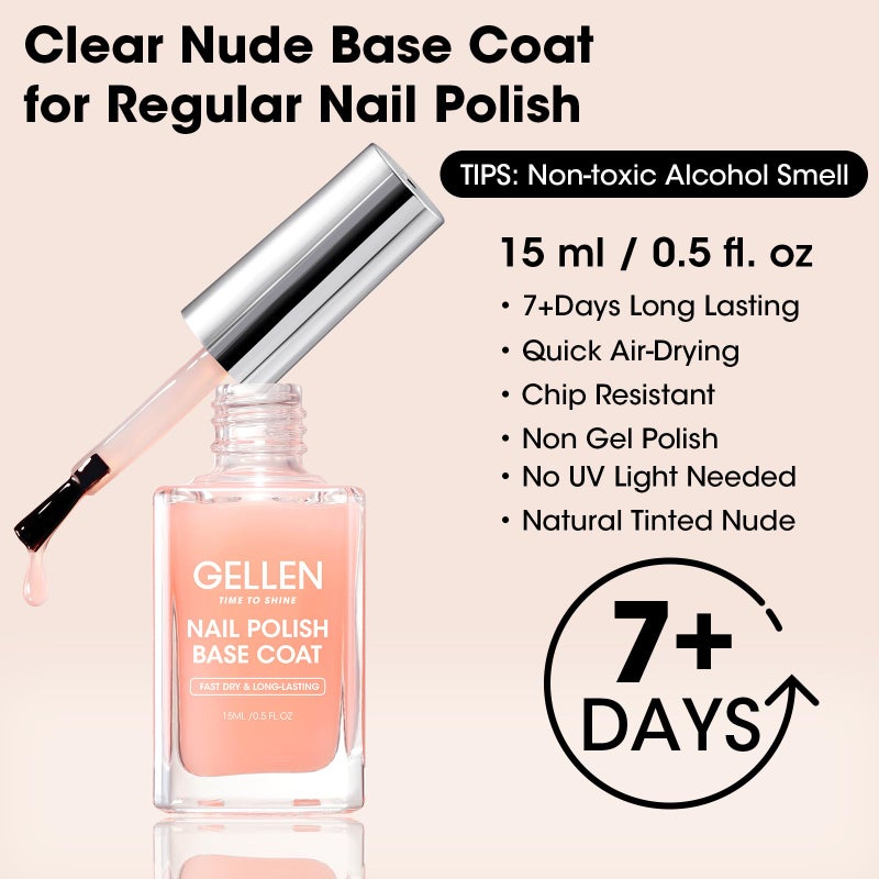 GELLEN Clear Nail Polish Base Coat Sheer Nude, Quick Air Dry Calcium-Formula Regular Nail Polish Strengthens Nails, Enhances Natural Look, Anti-Yellowing, TPO & Hema Free, Non-toxic - Image 2