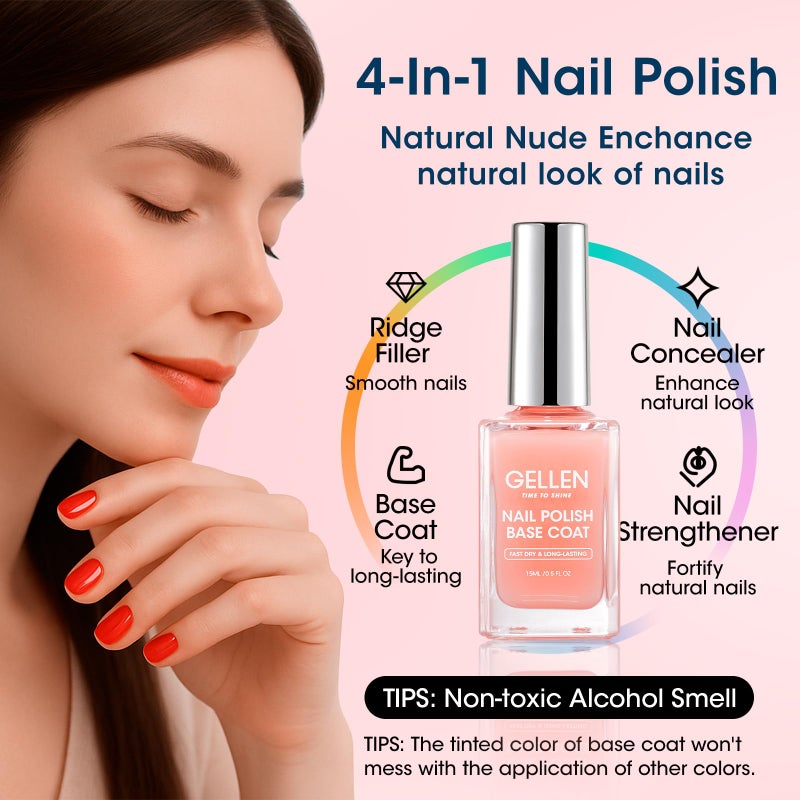 GELLEN Clear Nail Polish Base Coat Sheer Nude, Quick Air Dry Calcium-Formula Regular Nail Polish Strengthens Nails, Enhances Natural Look, Anti-Yellowing, TPO & Hema Free, Non-toxic - Image 3