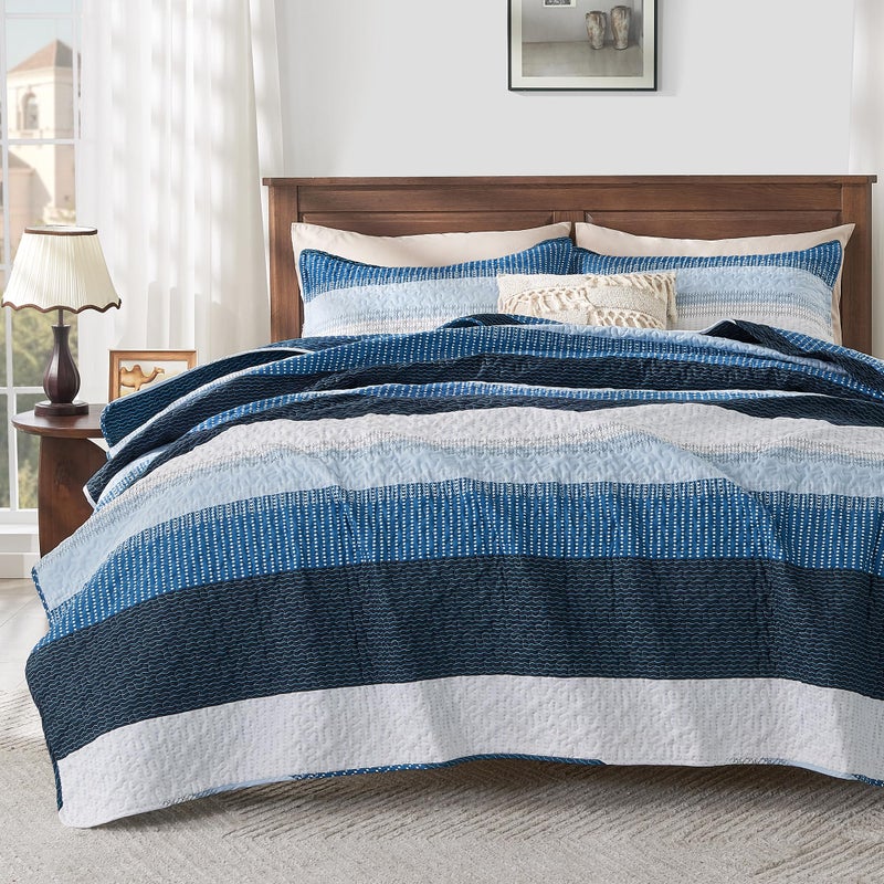 Andency Navy Blue Striped Quilt King106x96Inch 3 Pieces 1 Quilt and 2 Pillowcases Patchwork Bedspread Coverlet Set Soft Microfiber Quilted Bedding Set