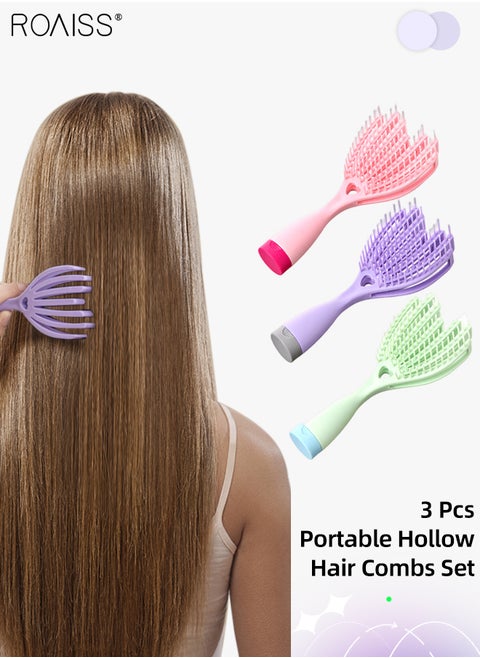 3Pcs Massage Hair Brush Hair Comb, Elastic Hollow Hair Scalp Massage Comb Detangling Brush, Curled Ventilated Volumizing Comb, Curling Brush, Easy Styling, Built-in Mirrored Handle, Wet and Dry Use