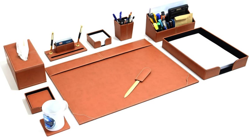 FIS® Executive Desk Set, Italian PU Materials, Set of 9 Pieces, Brown Color, Pack in Gift Box-FSDS172BR - Image 1