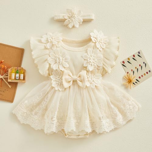 ZAXARRA Infant Baby Girl Lace Romper Baby Tulle Dress Romper Flowers Bodysuit Spring Summer Festival Clothes with Headband (Apricot, 0-3 Months) - Image 2