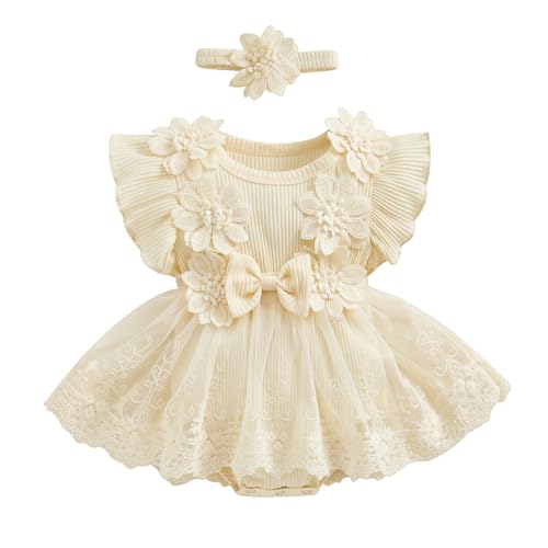 ZAXARRA Infant Baby Girl Lace Romper Baby Tulle Dress Romper Flowers Bodysuit Spring Summer Festival Clothes with Headband (Apricot, 0-3 Months) - Image 1