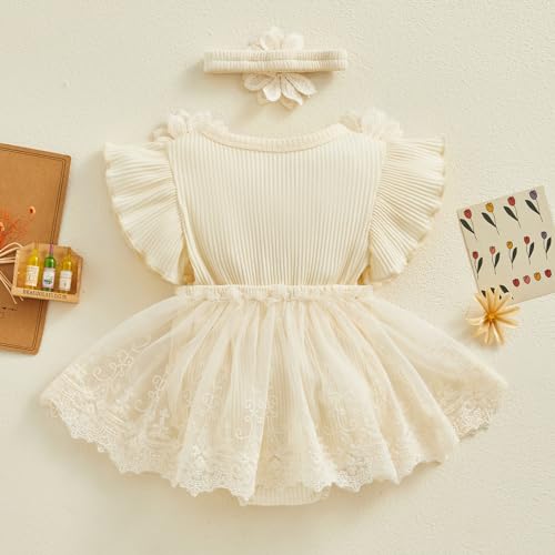 ZAXARRA Infant Baby Girl Lace Romper Baby Tulle Dress Romper Flowers Bodysuit Spring Summer Festival Clothes with Headband (Apricot, 0-3 Months) - Image 3