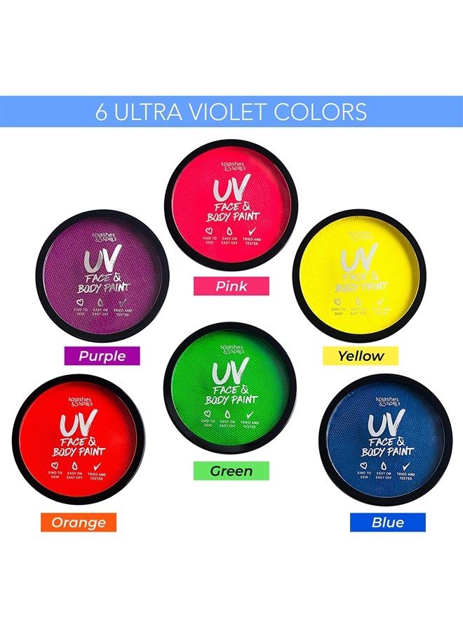 Splashes & Spills Water Activated UV Black Light Face and Body Paint - 6 Color Pack - Costume, Halloween and Club Makeup - Safe for all Skin Types - Easy On and Off - 18g Cakes - by Splashes & Spills - Image 3