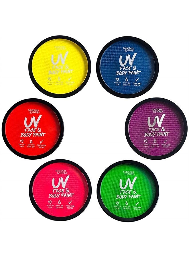 Splashes & Spills Water Activated UV Black Light Face and Body Paint - 6 Color Pack - Costume, Halloween and Club Makeup - Safe for all Skin Types - Easy On and Off - 18g Cakes - by Splashes & Spills - Image 1
