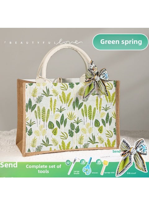 Butterfly Ancient Bart Material Bag Diy Mother's Day Canvas Bag Children's Handmade Creative Linen Bag Group Building Activity Gift-Color:Vertical Style [green Chunhua] Comes With A Full Set Of Tools + Detailed Tutorials
