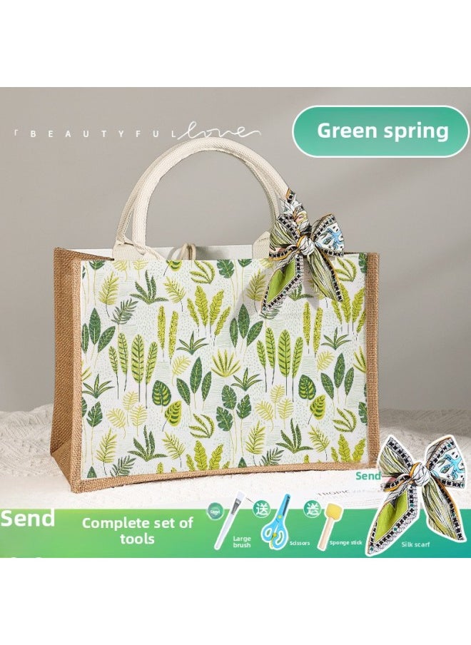 null - Butterfly Ancient Bart Material Bag Diy Mother's Day Canvas Bag Children's Handmade Creative Linen Bag Group Building Activity Gift-Color:Vertical Style [green Chunhua] Comes With A Full Set Of Tools + Detailed Tutorials - Image 1