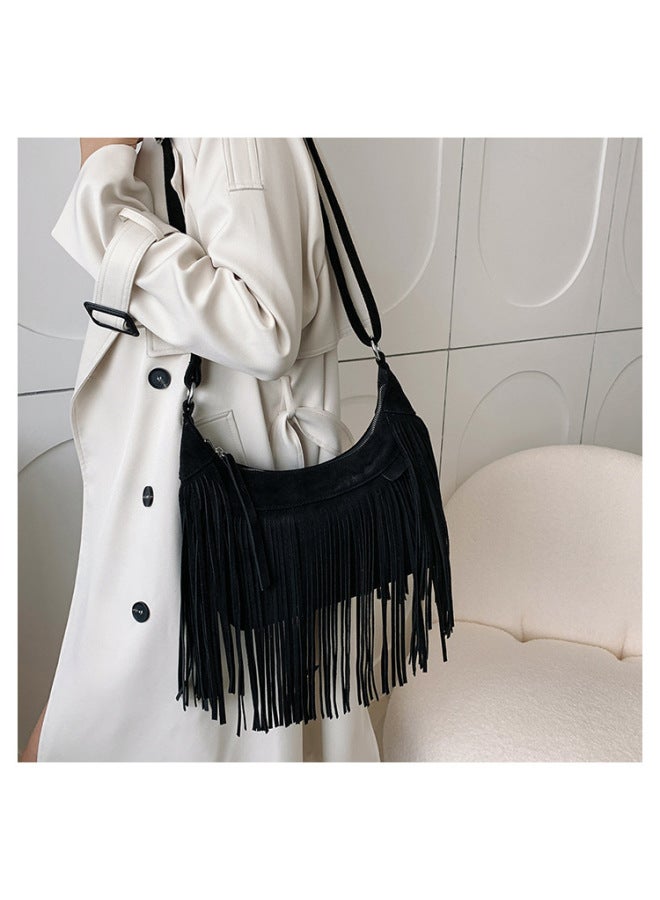 High-looking Bag For Women 2023 Korean Style Retro Fashion Shoulder Messenger Bag Internet Celebrity Textured Portable Tassel Bag-Color:Black - Image 1