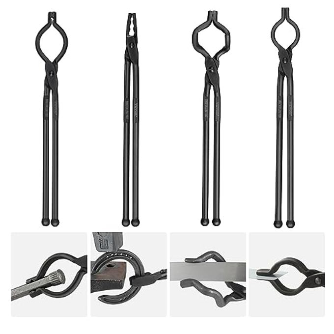 VEVOR Blacksmith Tongs, 4 PCS: V-Bit Bolt, Wolf Jaw, Z V-Bit & Gripping - A3 Carbon Steel, 18' for Blacksmiths & Bladesmiths