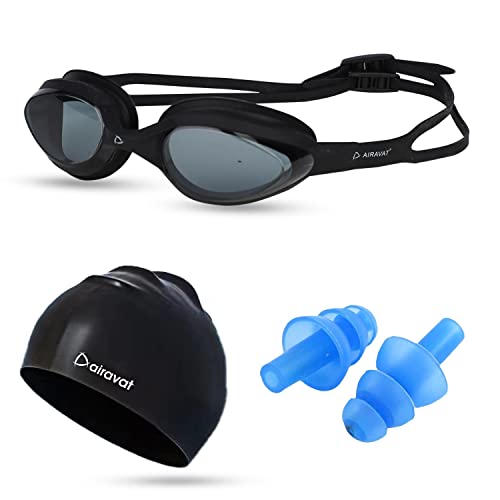 Airavat Swimming Kit, 0003 Swimming Set for Men & Women with Swimming Goggles Case, Swim Goggle, Earplugs & Swim Cap, Anti-Fog & Uv Protected, High Elasticated with Silicone Material (Black) - Image 1