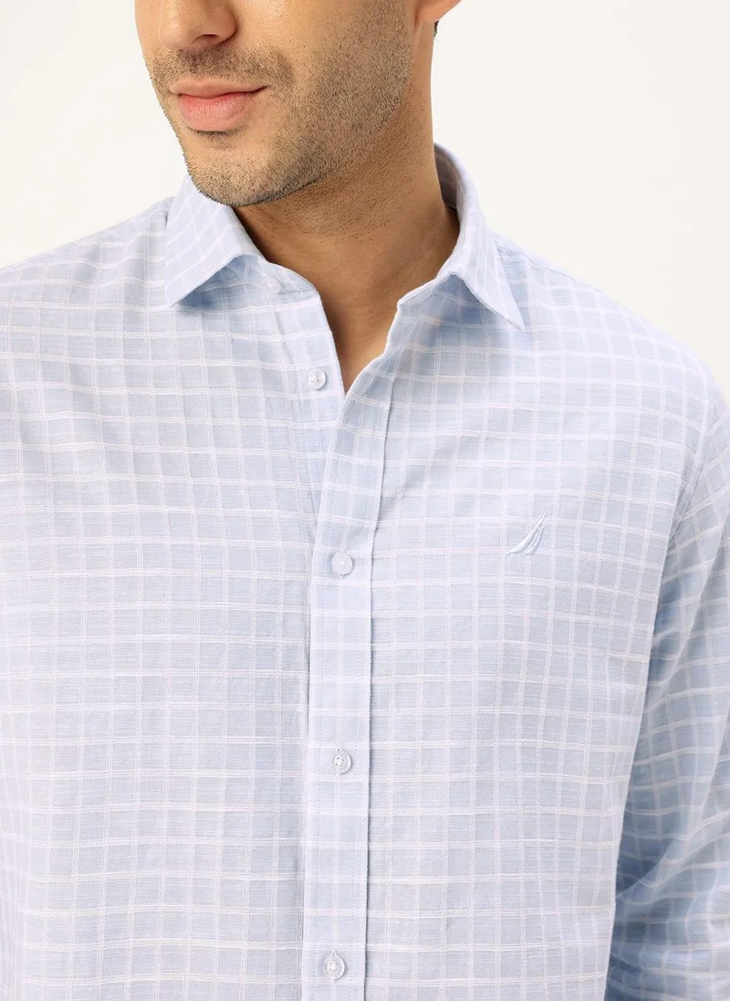 نوتيكا Men Blue Windowpane Cotton Casual Shirt