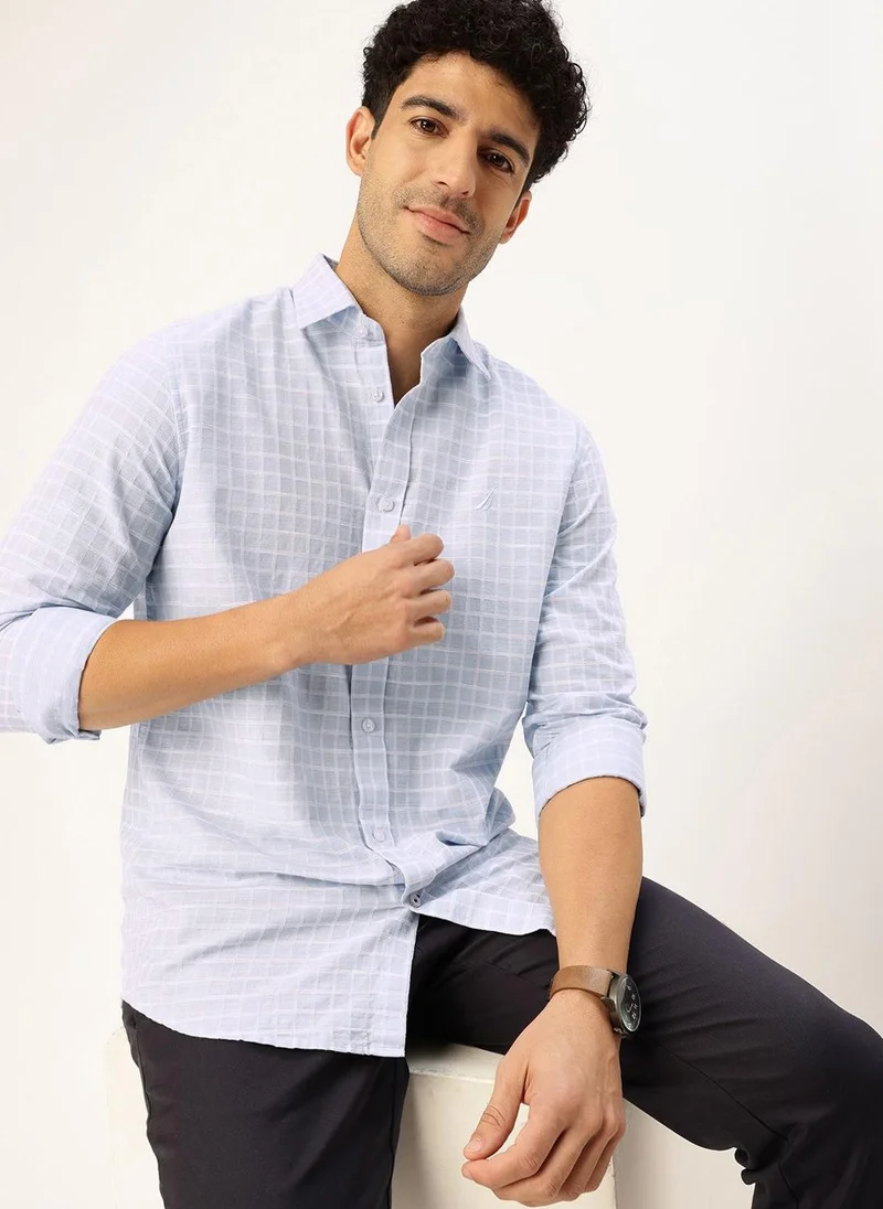 نوتيكا Men Blue Windowpane Cotton Casual Shirt