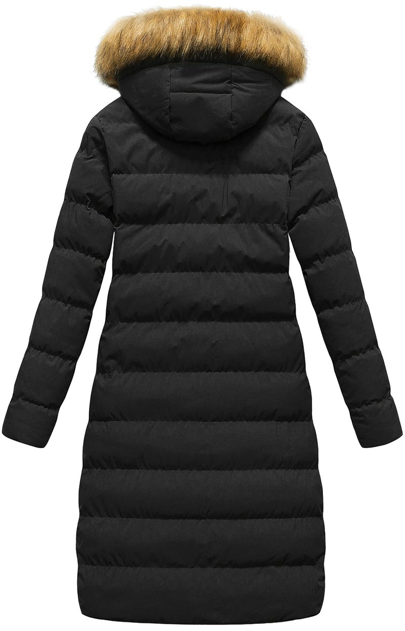 CREATMO US Women's Hooded Winter Coat Long Puffer Jacket Thickened Waterproof Outwear With Faux Fur Hood Pure Black 2XL - Image 2