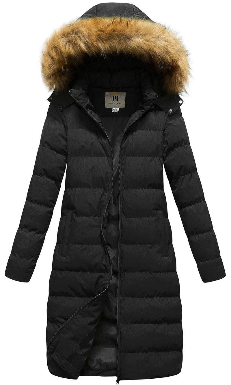 CREATMO US Women's Hooded Winter Coat Long Puffer Jacket Thickened Waterproof Outwear With Faux Fur Hood Pure Black 2XL - Image 1