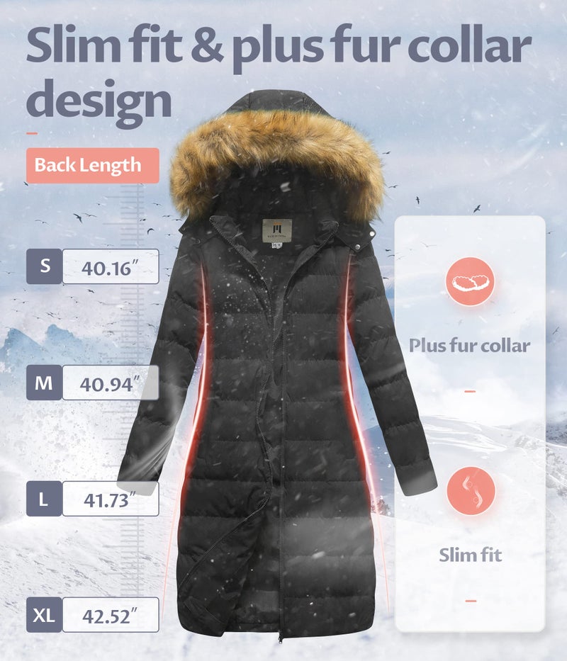 CREATMO US Women's Hooded Winter Coat Long Puffer Jacket Thickened Waterproof Outwear With Faux Fur Hood Pure Black 2XL - Image 4