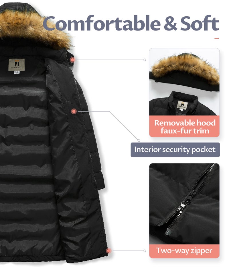 CREATMO US Women's Hooded Winter Coat Long Puffer Jacket Thickened Waterproof Outwear With Faux Fur Hood Pure Black 2XL - Image 3