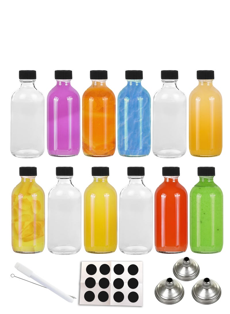 HYFY 12 Pack 4 oz Small Clear Glass Bottles 3 stainless steel funnels strong lid Ginger shot Bottle Potion Juice 24 stickers Shots bottle boston bottle Oils Bottle Glass Bottles Liquid Bottle 118ml - Image 1
