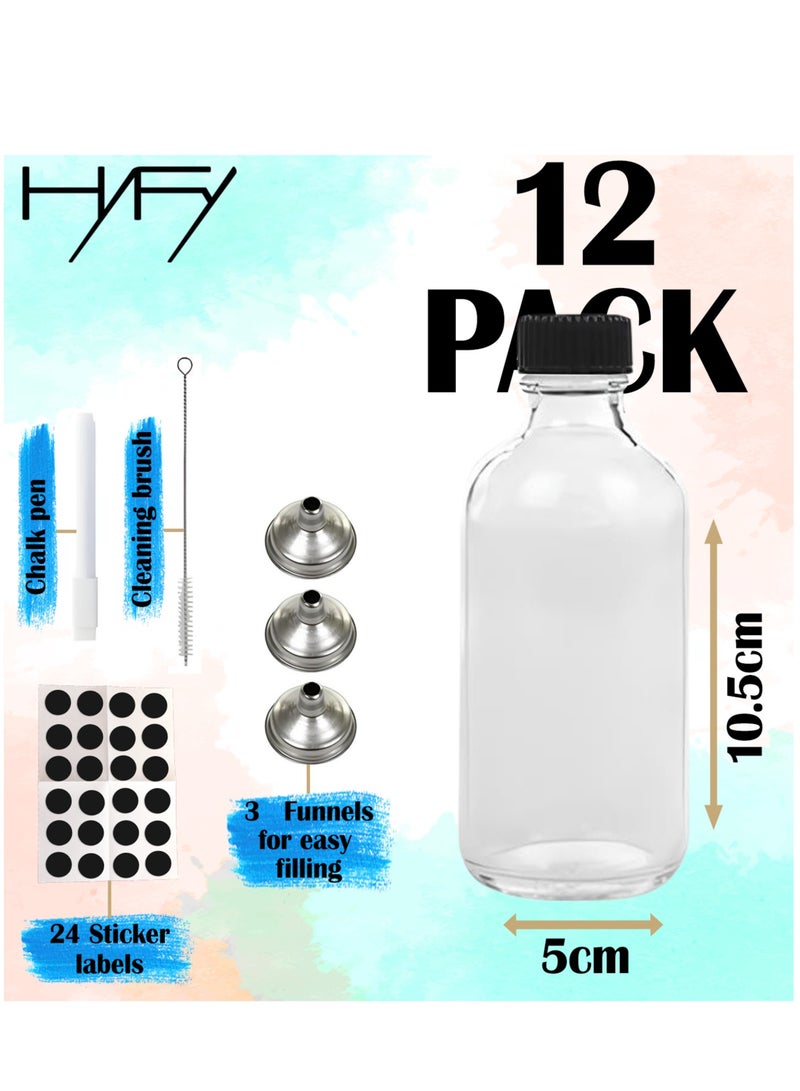 HYFY 12 Pack 4 oz Small Clear Glass Bottles 3 stainless steel funnels strong lid Ginger shot Bottle Potion Juice 24 stickers Shots bottle boston bottle Oils Bottle Glass Bottles Liquid Bottle 118ml - Image 3