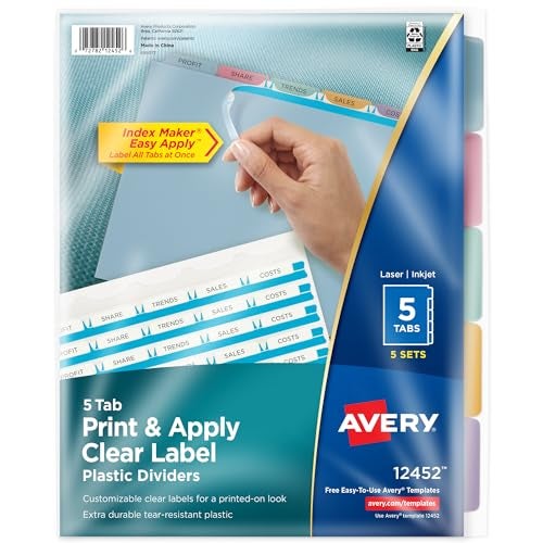AVERY فواصل بلاستيكية من أفيري 5 علامات لمجلد 3 حلقات، شريط ملصقات واضح سهل الطباعة والتطبيق، علامات متعددة الألوان قابلة للتخصيص، 5 مجموعات (11452) - Image 1