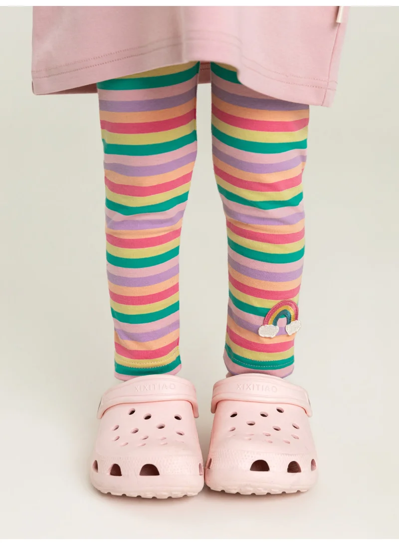 Yoehyaul Girls Rainbow Striped Leggings – Colorful Stretchy Cotton-Feel Full-Length Leggings with Elastic Waistband