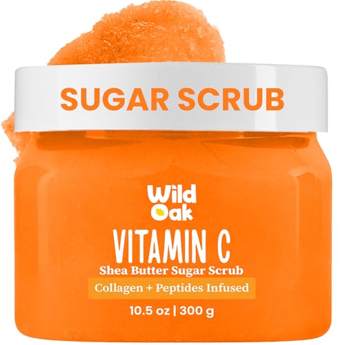 WILD OAK WildOak Vitamin C Sugar Body Scrub | 300g | Kojic Acid, Hyaluronic Acid, Ceramides, Collagen & Peptides | De-Tan & Brightens Dark Areas | Smooths Strawberry Legs & Arms | Hydrates & Exfoliates - Image 1
